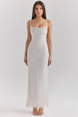 silver pearl embellished maxi dress