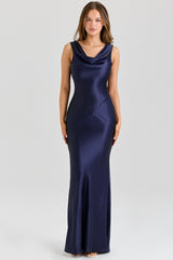 navy satin draped cowl neck maxi dress