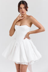 white satin strapless bow mini gown