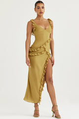 olive ruffle maxi dress