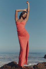 coral embellished hand beaded maxi dress