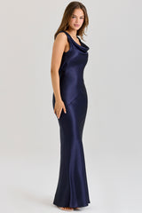 navy satin draped cowl neck maxi dress