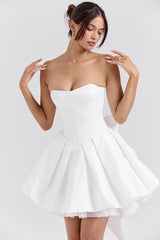 white satin strapless bow mini gown