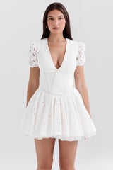 white pleated broderie anglais mini dress