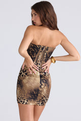 leopard print satin strapless mini dress