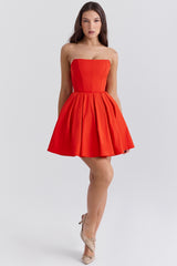 italian tomato strapless pleated mini dress
