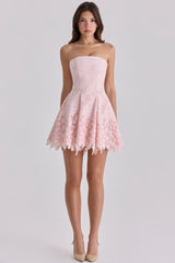 pink strapless cut out broderie anglaise mini dress