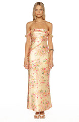 Ella Yellow Bloom Satin Maxi Dress