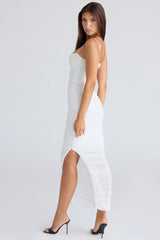 white gathered stretch mesh maxi dress