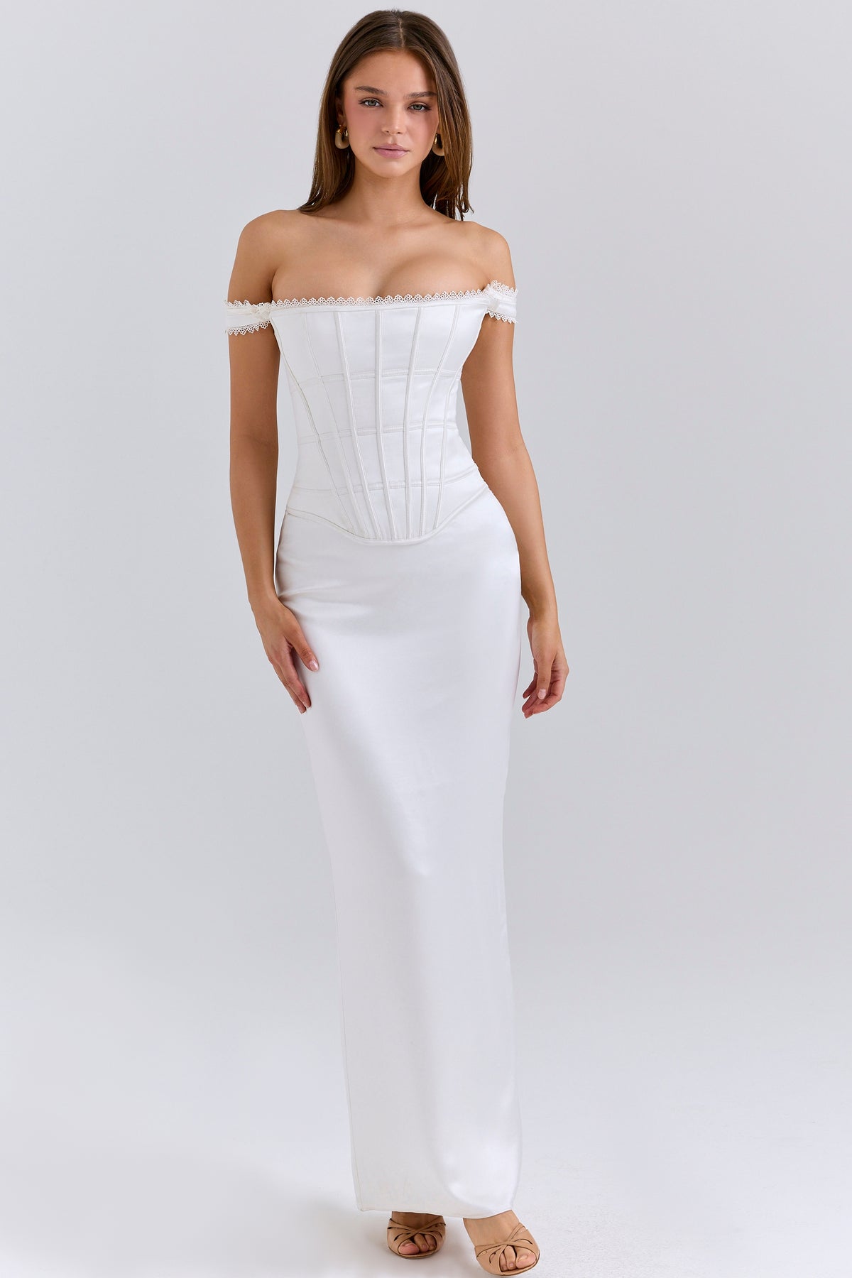 ivory satin corset maxi dress