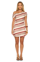 Sophus Cream Stripe Off Shoulder Mini Dress