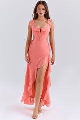 coral georgette ruffle maxi dress