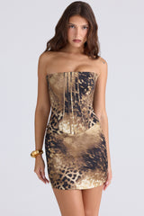 leopard print satin strapless mini dress