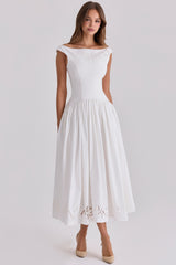 white cotton broderie anglaise boat neck maxi dress