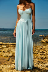 ocean blue pleated maxi dress