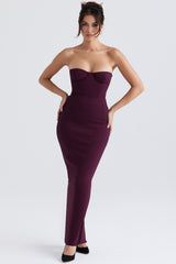 grape strapless corset maxi dress