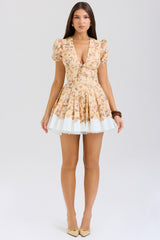 honeyflower print pleated cotton mini dress