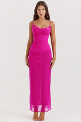 fuchsia stretch mesh maxi dress